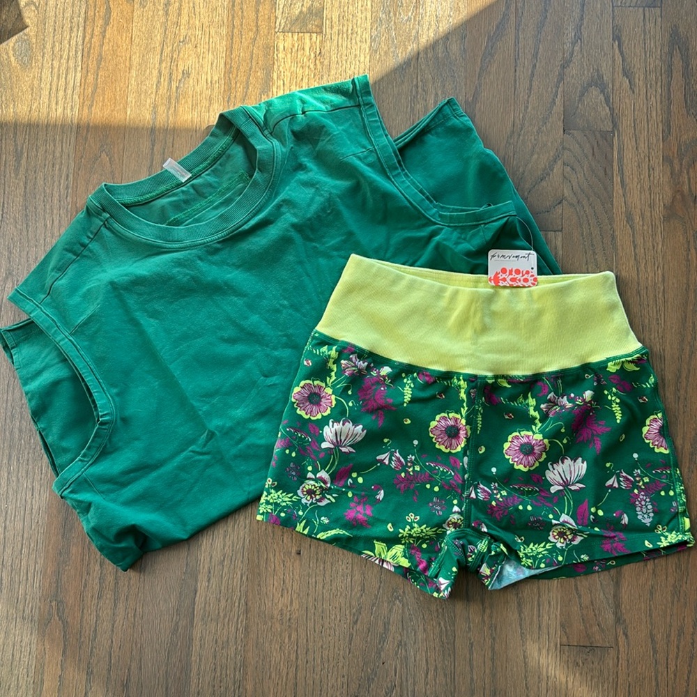Free People Hot Shot Micro Set Green Floral Athletic Shorts & Green Tank Top
